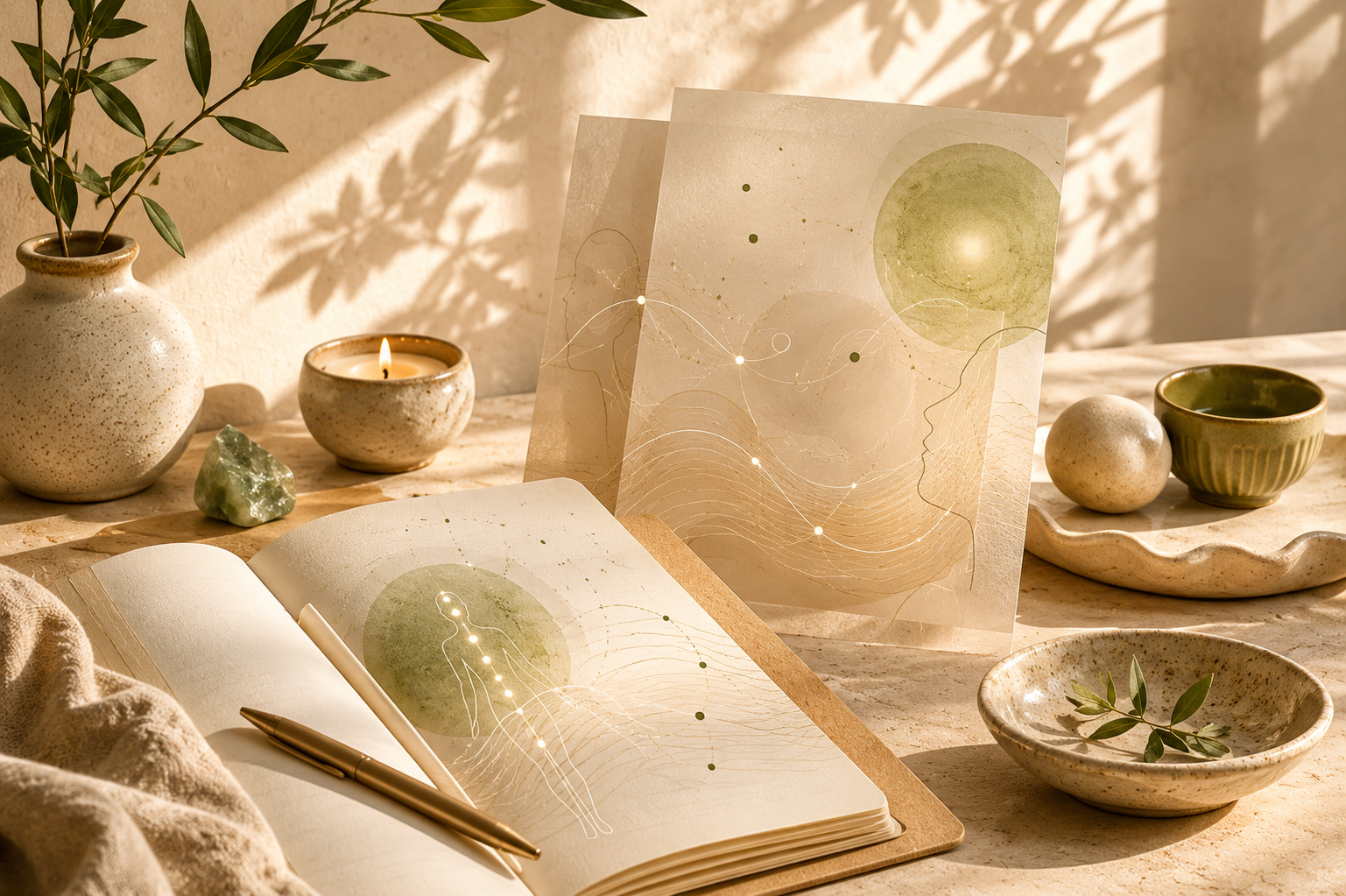Soft abstract wellbeing lines with a centered spark symbol.