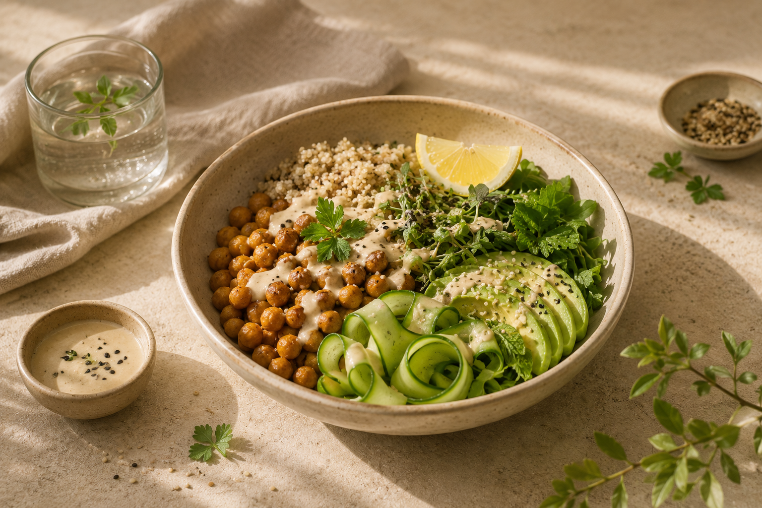 A lemon tahini chickpea power bowl with greens and roasted chickpeas.