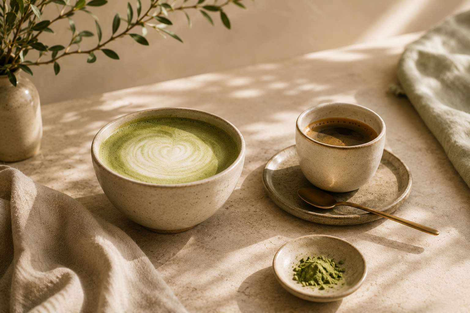 An iced matcha drink in a glass on a warm marble surface.