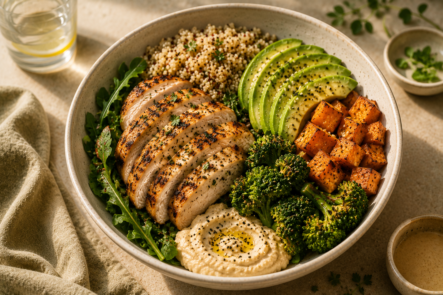 A high-protein recovery bowl with grilled chicken, avocado, quinoa, broccoli, sweet potato, and hummus.