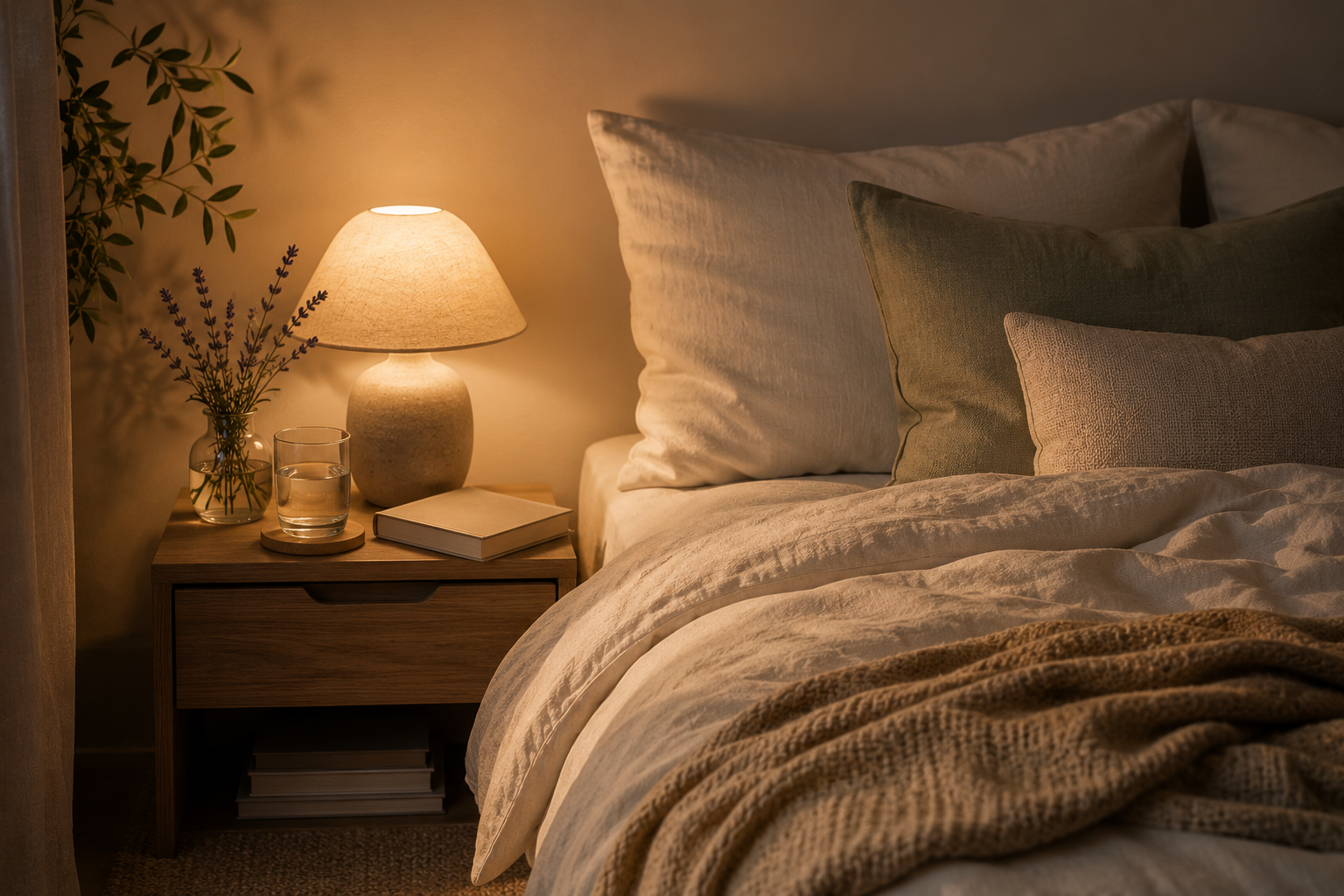 A calm neutral bedroom with soft bedding and morning light.