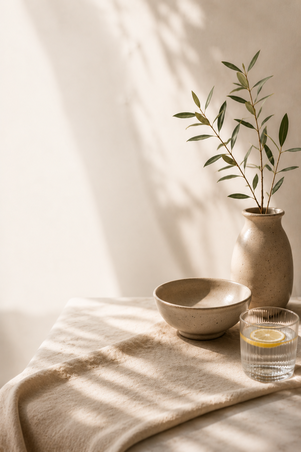 Editorial still life — warm, airy composition with natural elements
